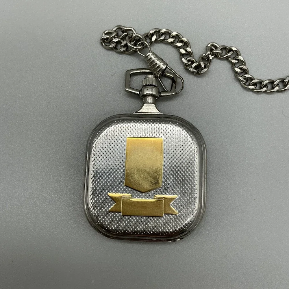 Mens Pocket Watch 45mm White Dial Silver Tone Chain Cushion Case New Battery